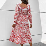 Womens Lace Patchwork Square Neck French Floral Long Sleeved Dress