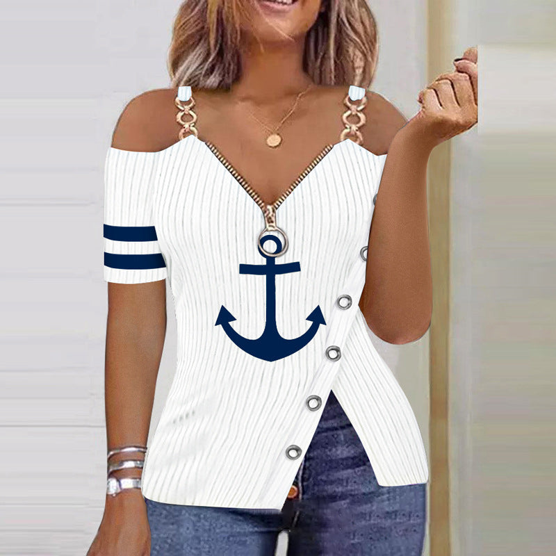 Womens European and American Metal Chain Zipper V Neck Shirt With Ship Anchor Pattern Printed Zipper T Shirt