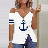 Womens European and American Metal Chain Zipper V Neck Shirt With Ship Anchor Pattern Printed Zipper T Shirt