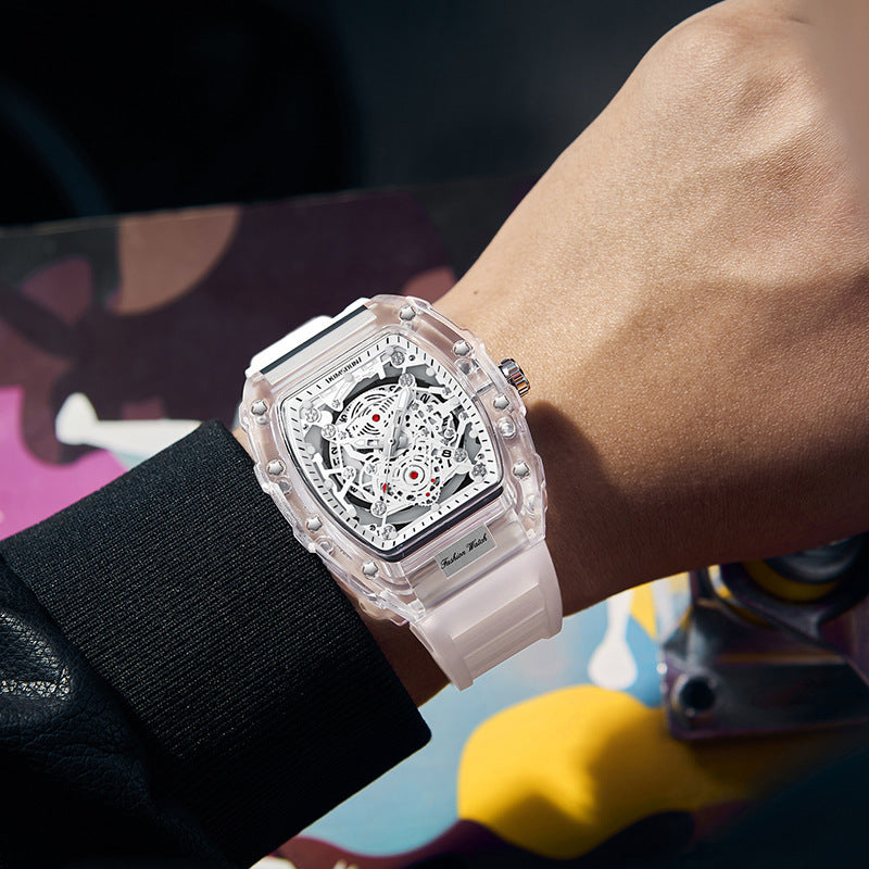 Transparent skeleton watch with exposed movement and a matching clear silicone strap