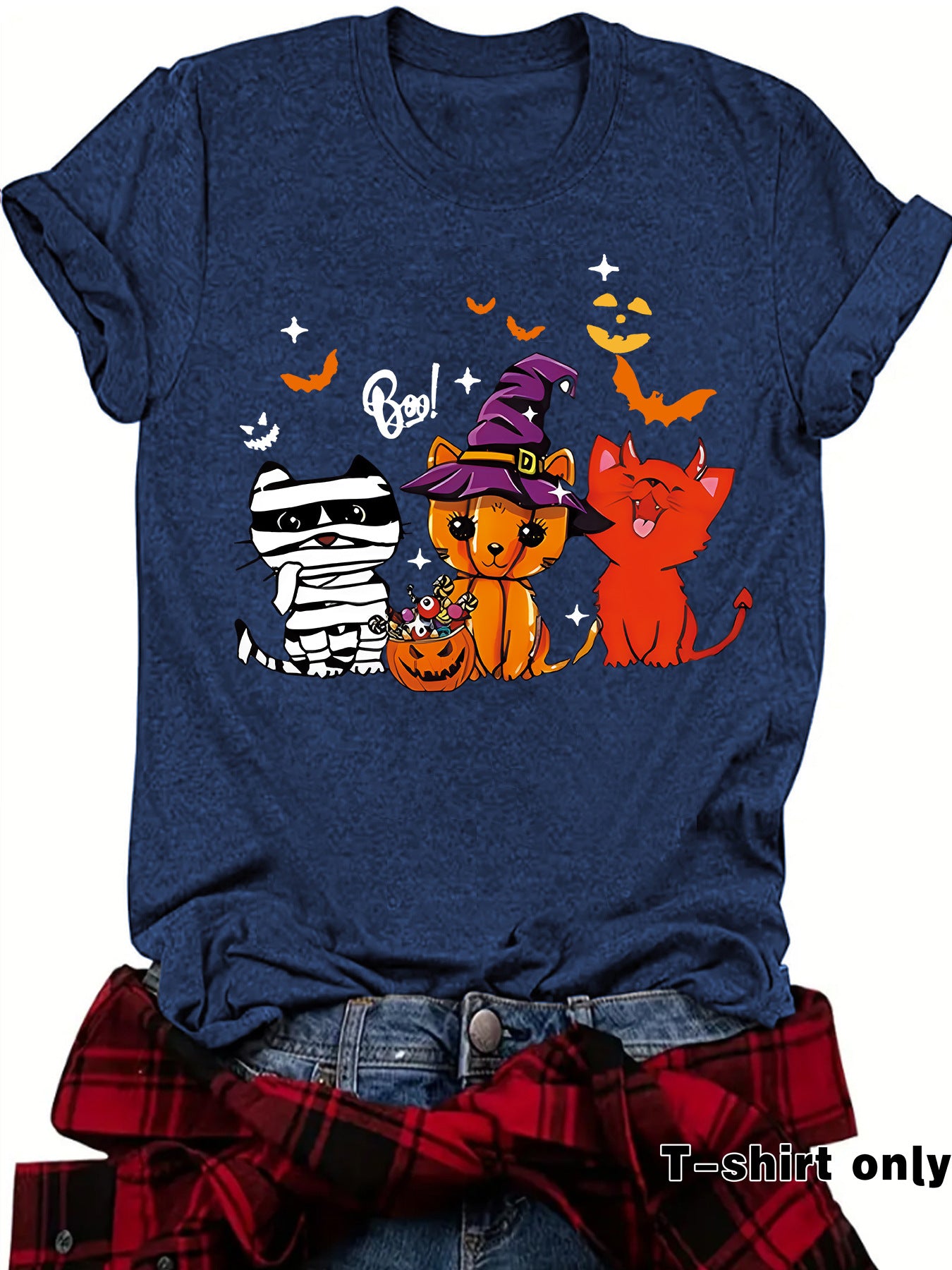 Three Halloween cat prints on short sleeves