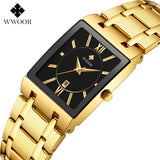 Gold square-cased quartz watch with a black dial and matching gold link bracelet, angled view