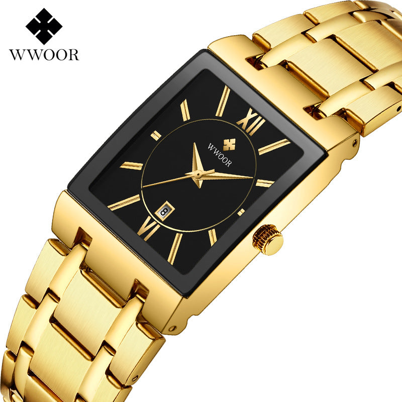 Gold square-cased quartz watch with a black dial and matching gold link bracelet, angled view
