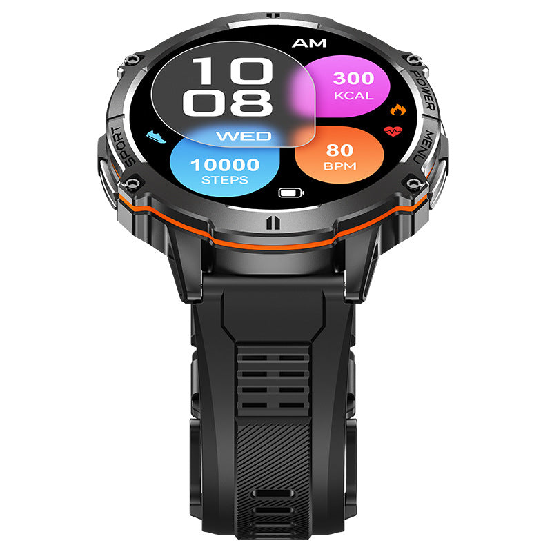 Black smart watch bracelet with AMOLED touchscreen showing heart rate reading