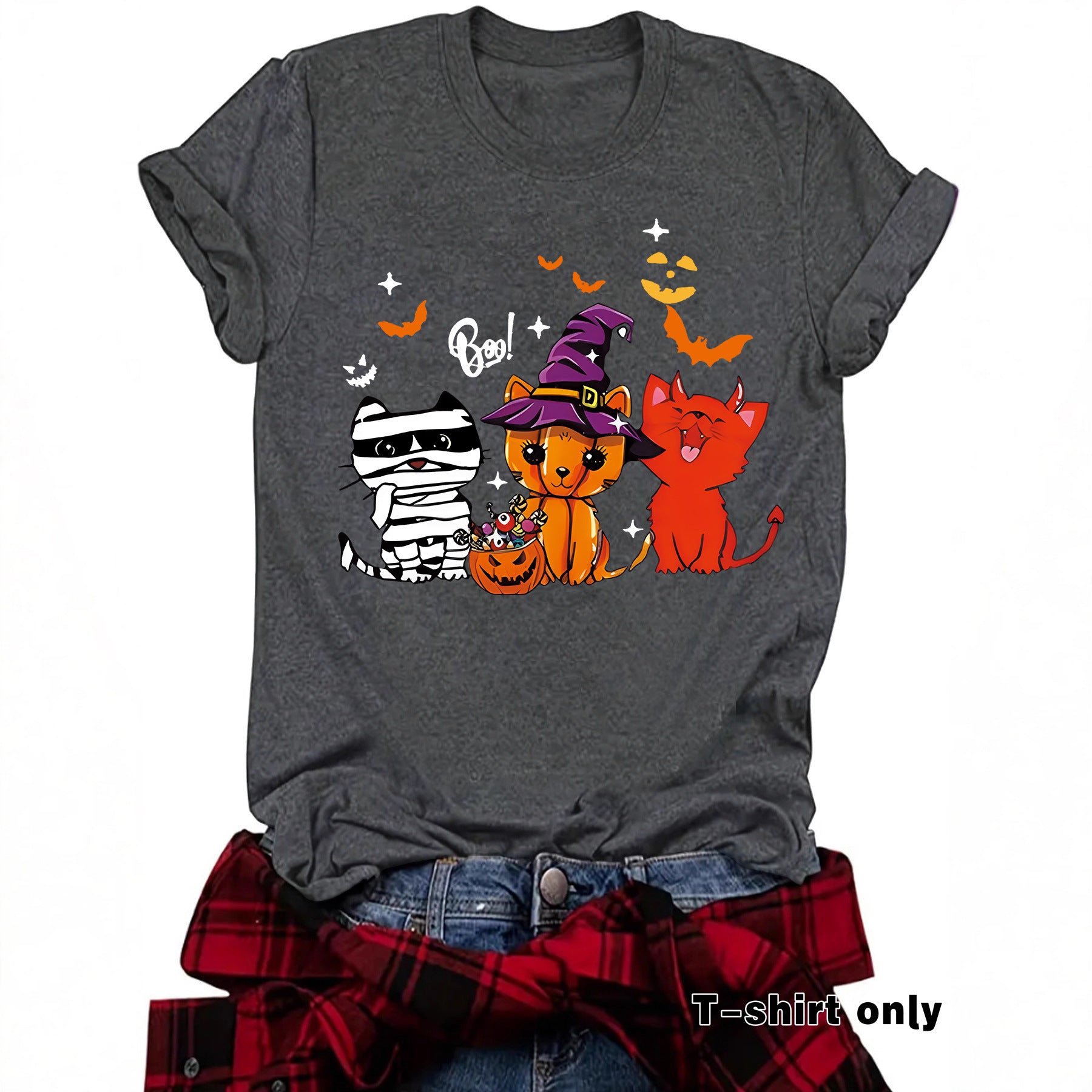 Three Halloween cat prints on short sleeves