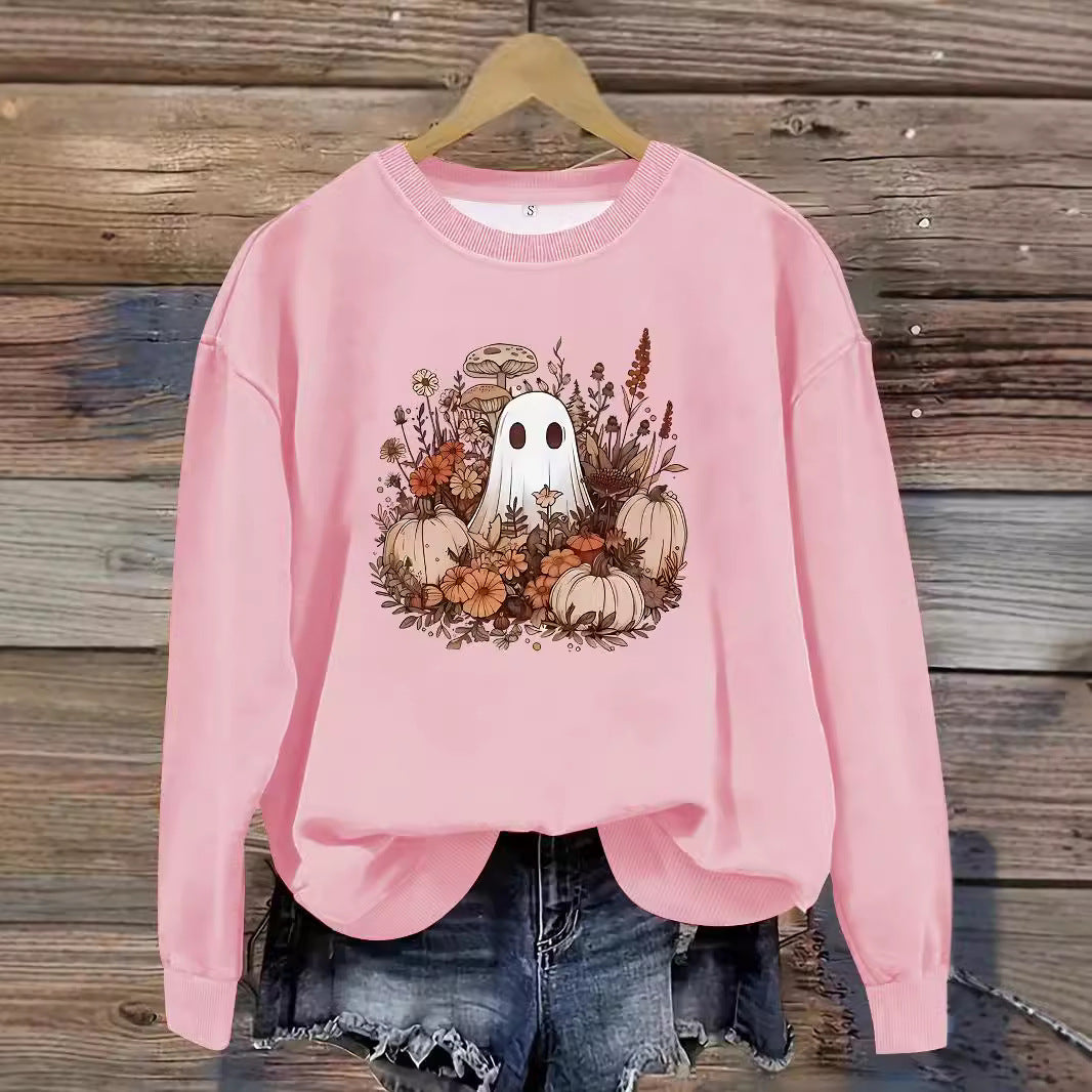 Round neck cartoon ghost print pullover sweatshirt sweatshirt sweatshirt