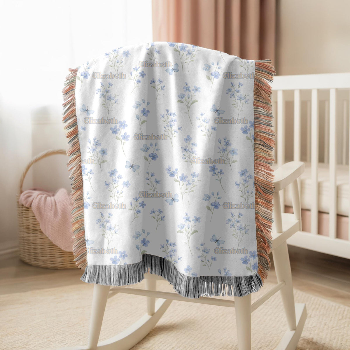 Custom Name Floral Woven Blanket Blue Flower Baby Blanket Personalized Nursery Blanket Girl Baby Shower Gift Botanical Throw