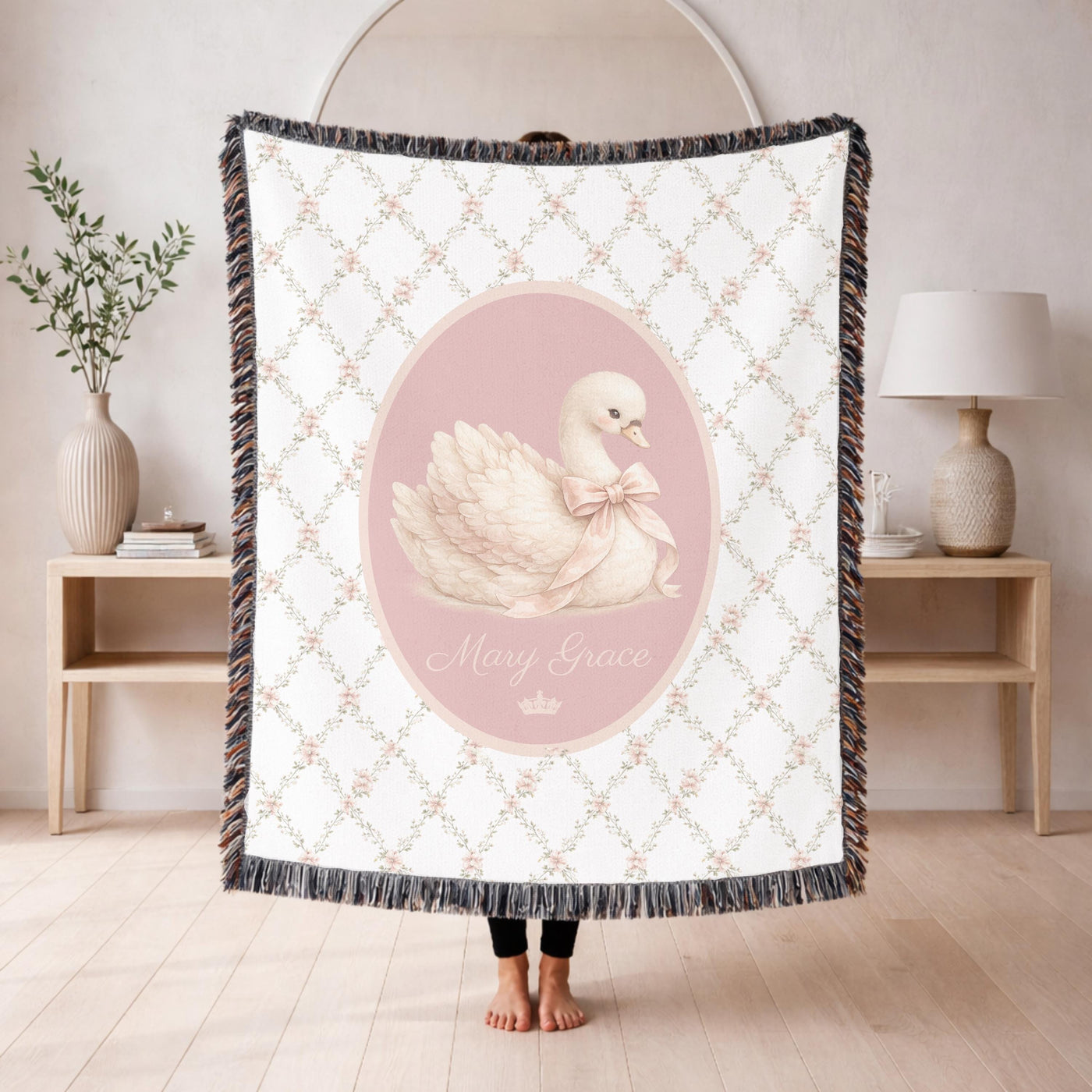 Personalized Swan Baby Woven Blanket Princess Nursery Blanket Custom Name Baby Girl Blanket Baby Shower Gift Nursery Decor
