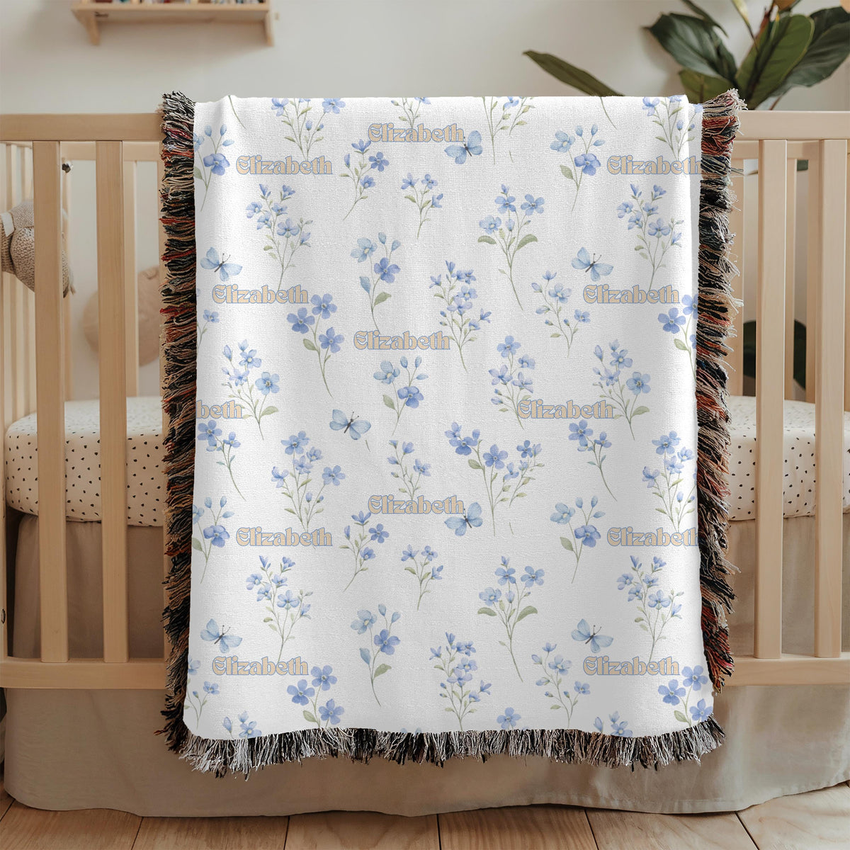 Custom Name Floral Woven Blanket Blue Flower Baby Blanket Personalized Nursery Blanket Girl Baby Shower Gift Botanical Throw