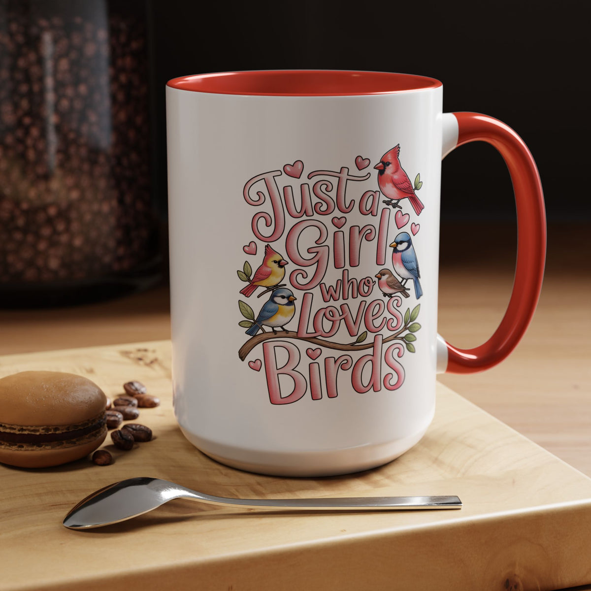 Bird Lover Coffee Mug, Just a Girl Who Loves Birds Quote, Pink Lettering and Garden Songbird Design, Birthday Gift for a Birdwatching Friend