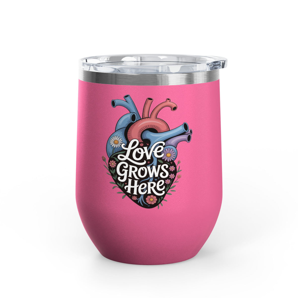Anatomical Heart Wine Tumbler, Love Grows Here Floral Drinkware, Mental Health Gift, Self Love Present, Encouraging Gift for Her