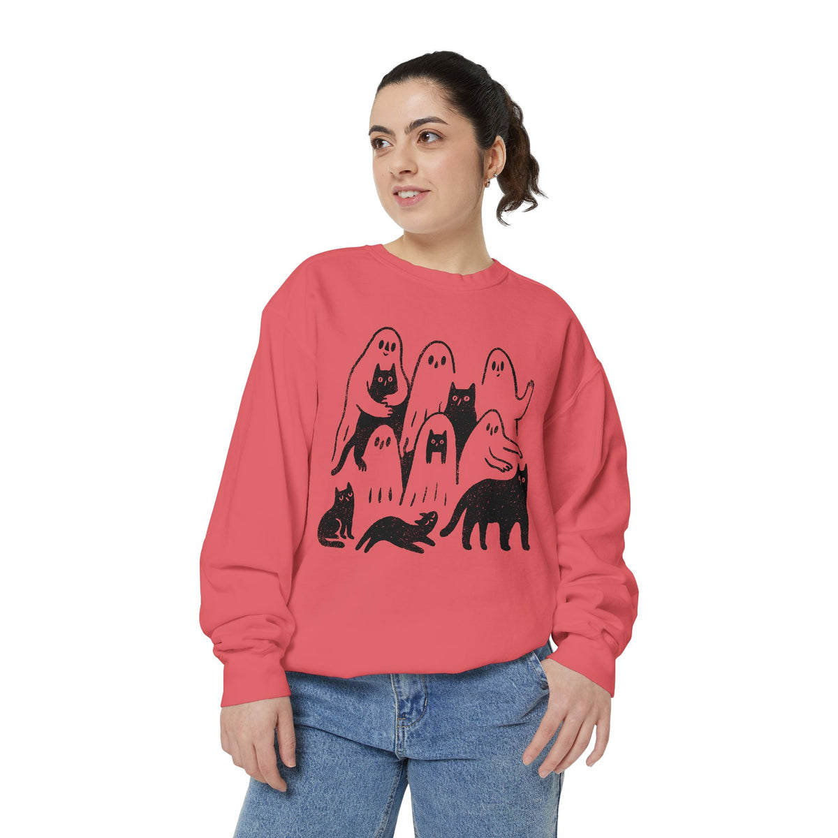 Ghost Cat Halloween Sweatshirt, Cute Spooky Cats and Ghosts Pullover, Cozy Pet Lover Gift, Minimal Black and White Fall Outfit for Women