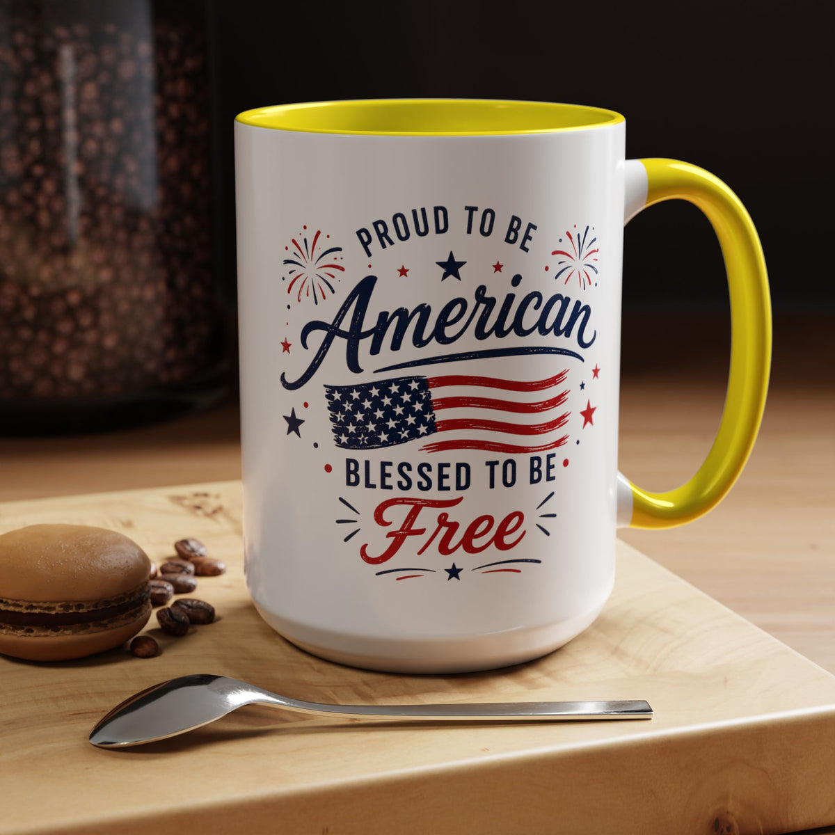 Proud to Be American Coffee Mug with US Flag, Patriotic 4th of July Gift for Veterans, Blessed to Be Free Red White and Blue Tea Cup