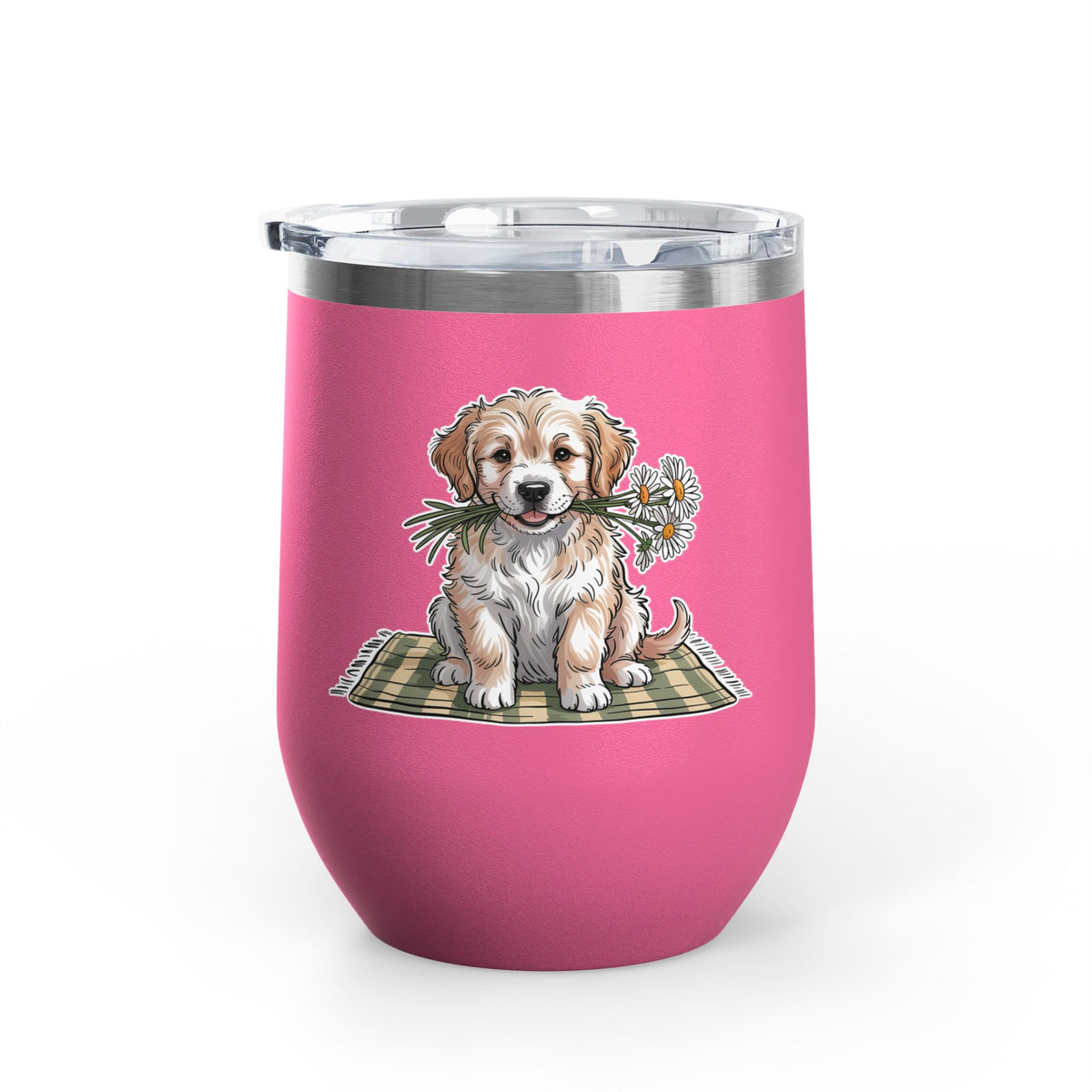 Golden Puppy Wine Tumbler, Cute Dog and Flower Cup, Gift for Dog Moms, Puppy Lovers, Pet Parents and Animal Lovers