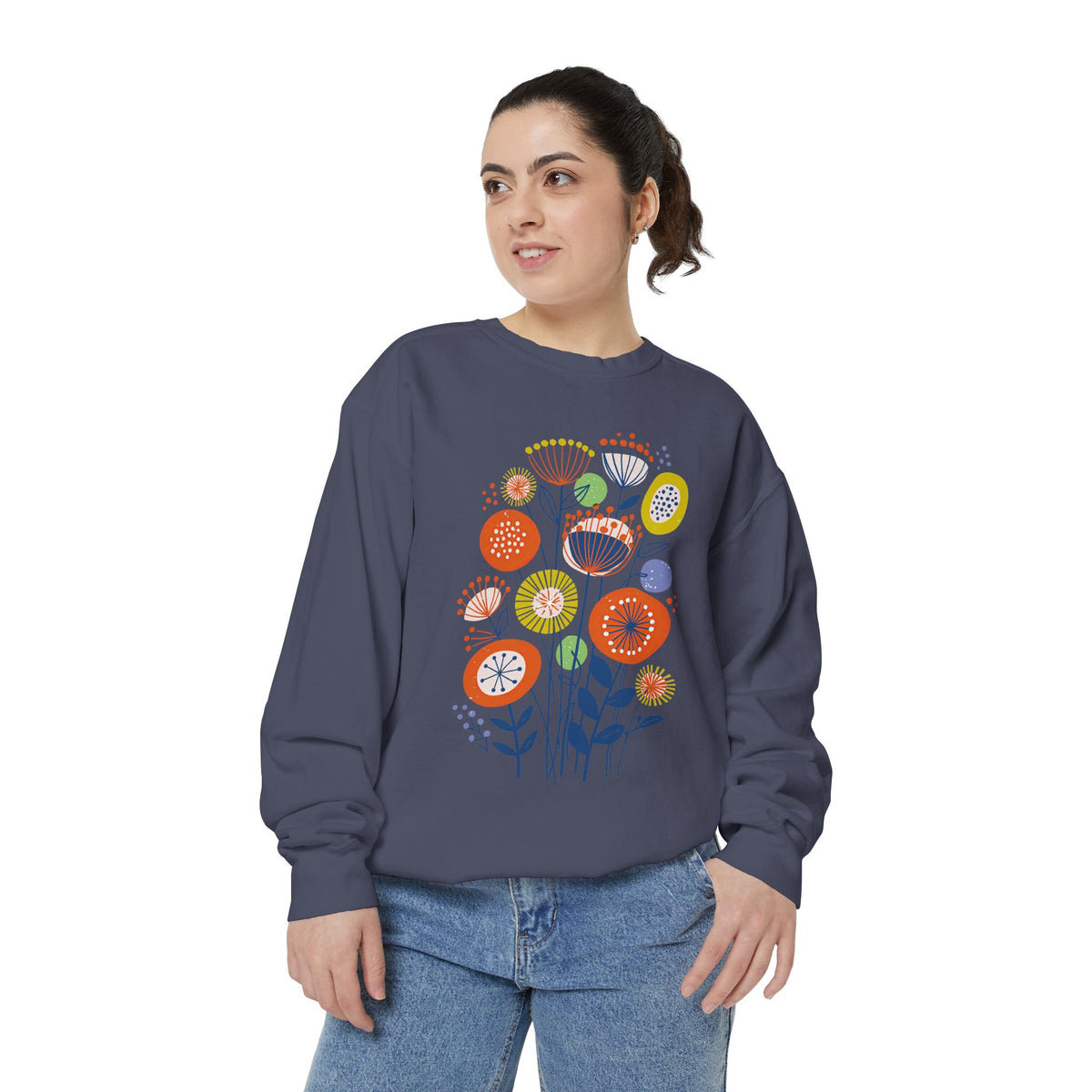 Retro Floral Graphic Sweatshirt, Colorful Botanical Pullover for Flower Lovers, Mid Century Garden Top, Cheerful Nature Gift for Her