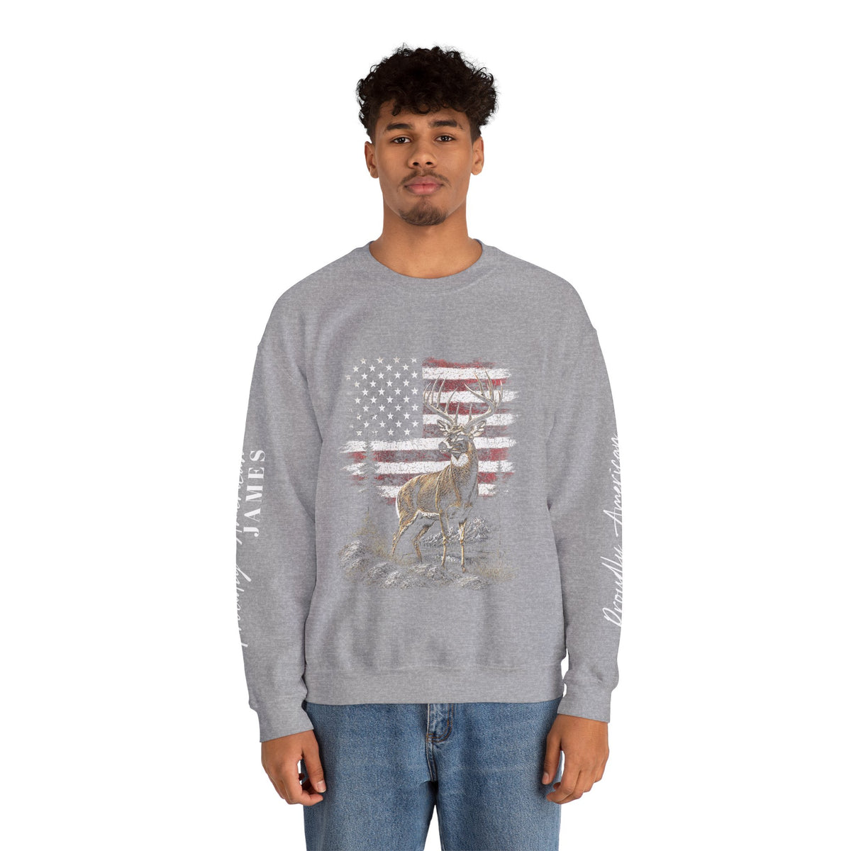 Personalized Hunting Sweatshirt, Custom Deer American Flag Pullover, Patriotic Outdoorsman Crewneck, Hunter Gift, Personalized Family Shirt