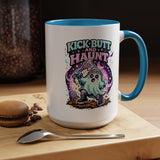 Kick Butt and Haunt Mug, Cute Pastel Ghost Black Accent Coffee Cup, Unique Funny Halloween Gift for Her, Spooky Bestie or Pastel Goth