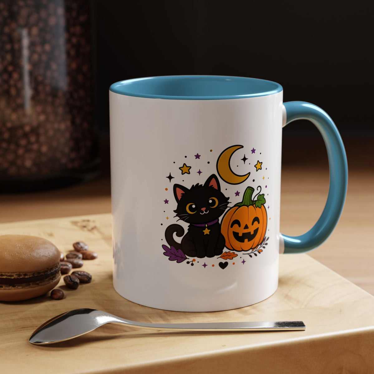 Cute Black Cat Halloween Mug, Pumpkin and Moon Coffee Cup, Spooky Season Gift for Cat Lover, Fall Birthday Present, Witchy Fall Decor