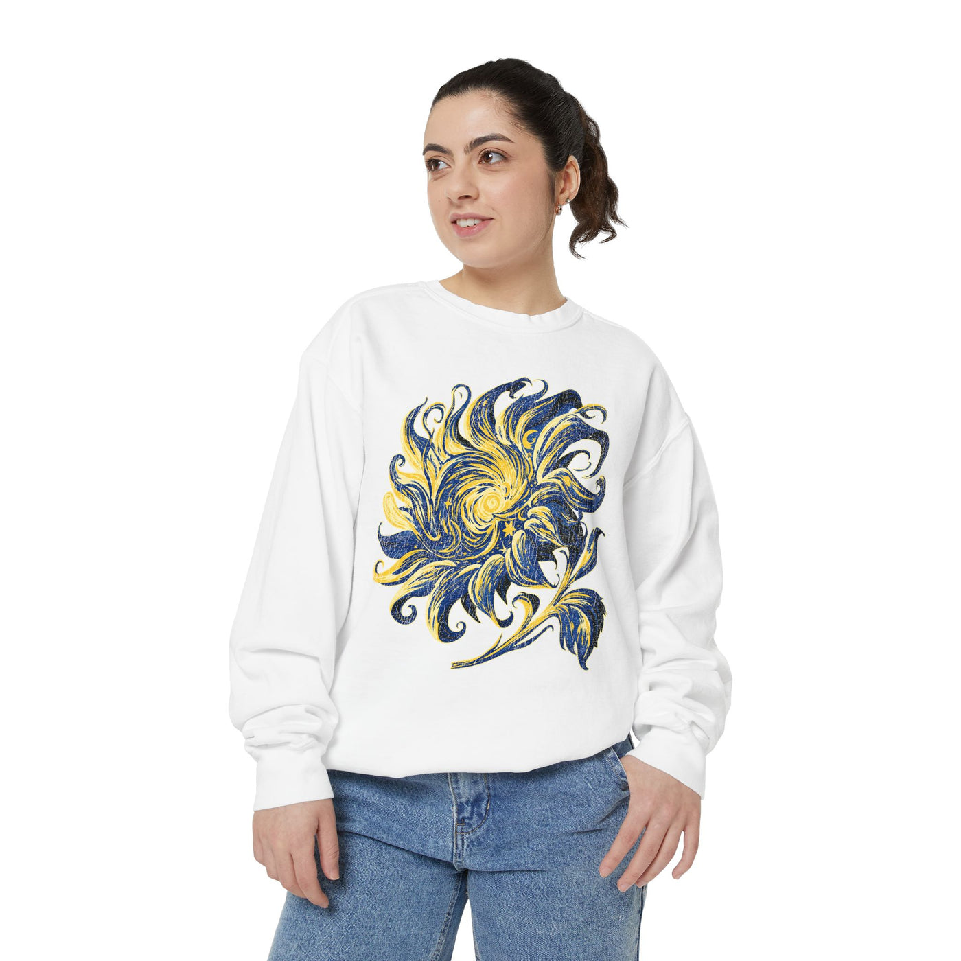 Celestial Sun Graphic Sweatshirt, Blue and Gold Cosmic Pullover, Mystical Night Sky Top, Astrology Gift for Stargazers and Dreamers