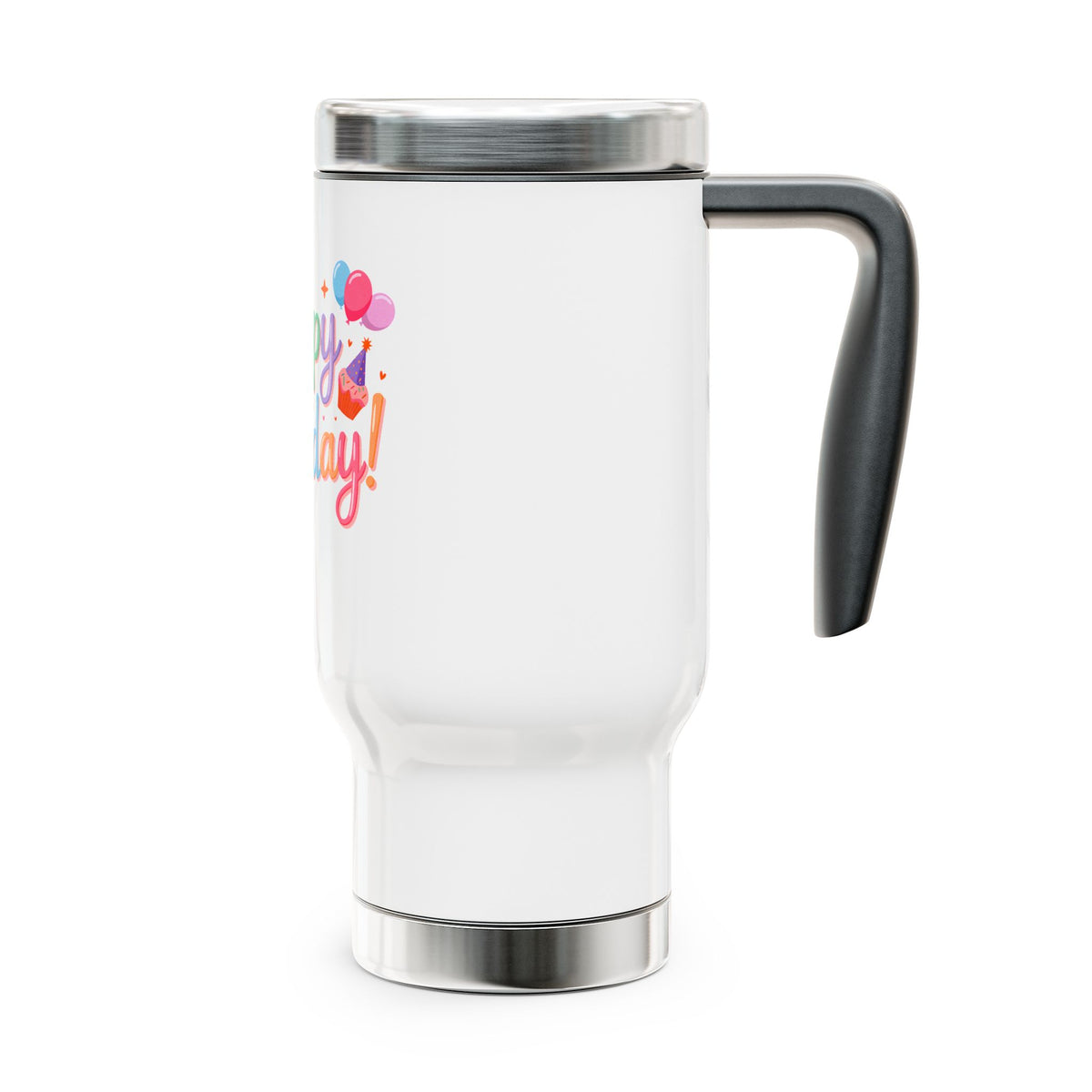 Happy Birthday Travel Mug with Handle, Pastel Balloons and Cupcake Design, Cheerful Coffee Lover Gift for a Friend or Coworker's Workday