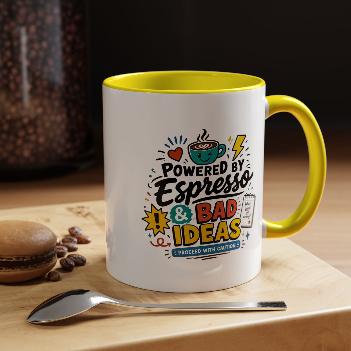 Powered by Espresso Mug, Funny Coffee Lover Cup, Bad Ideas Quote Gift for Coworker, Caffeine Addict Present, Office Humor Drinkware