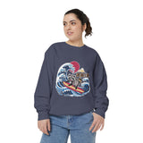 Japanese Surfing Raccoon Sweatshirt, Retro Wave Graphic Crewneck, Funny Animal Surfer Gift, Japan Inspired Beachwear Cozy Pullover