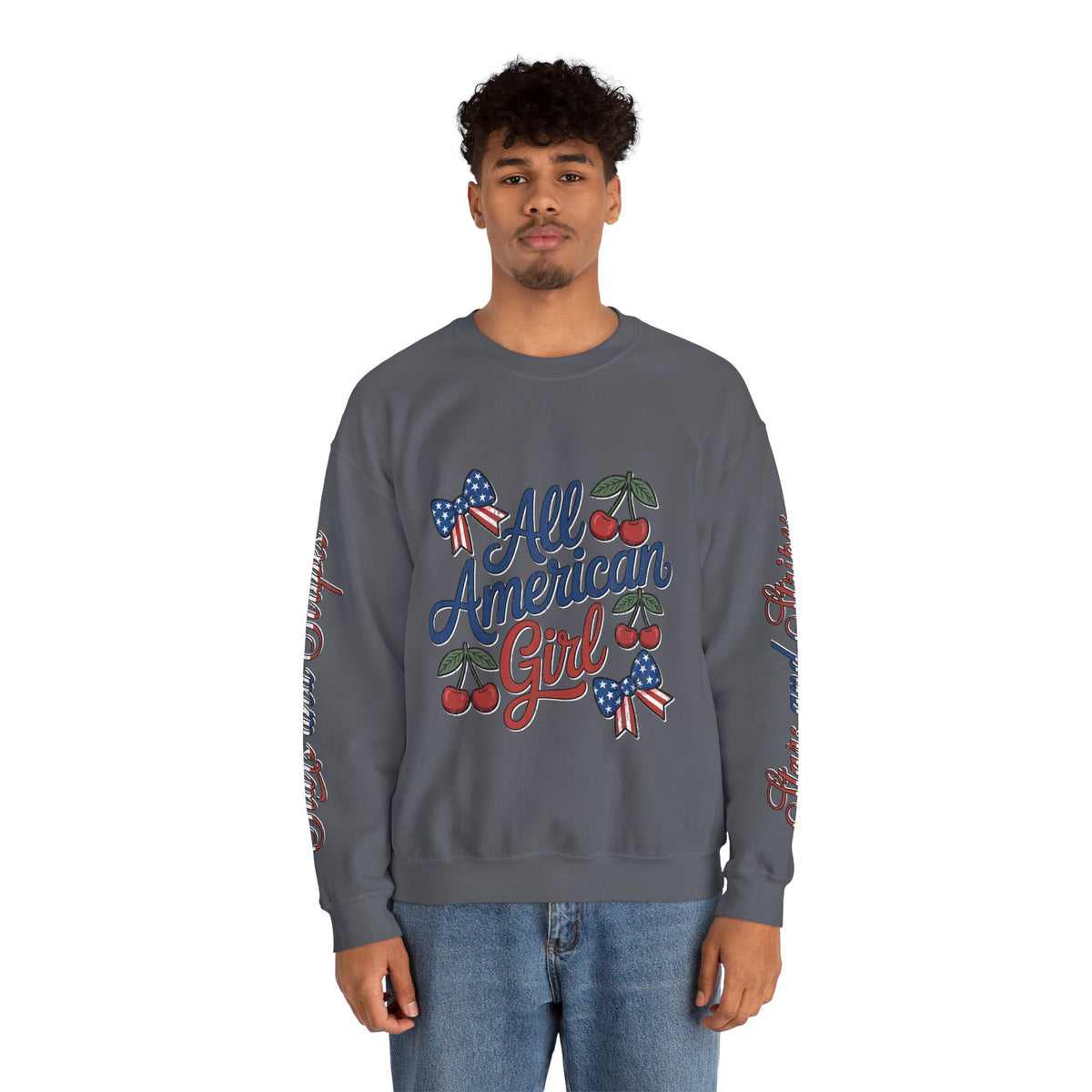 All American Girl Sweatshirt, Patriotic Womens Pullover, USA Flag Cherry Top, Vintage Americana Style, Fourth of July Gift