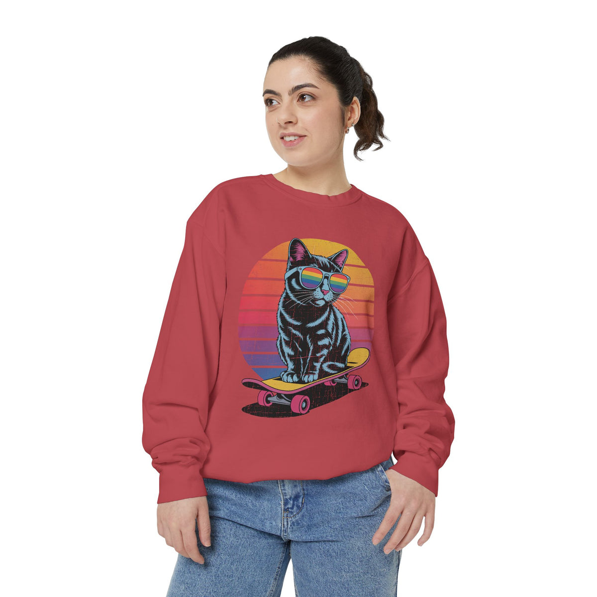 Retro Skateboard Cat Sweatshirt, Rainbow Sunglasses Kitty Crewneck, Funny Cat Lover Gift, Vintage Skater Graphic Cozy Pullover Top