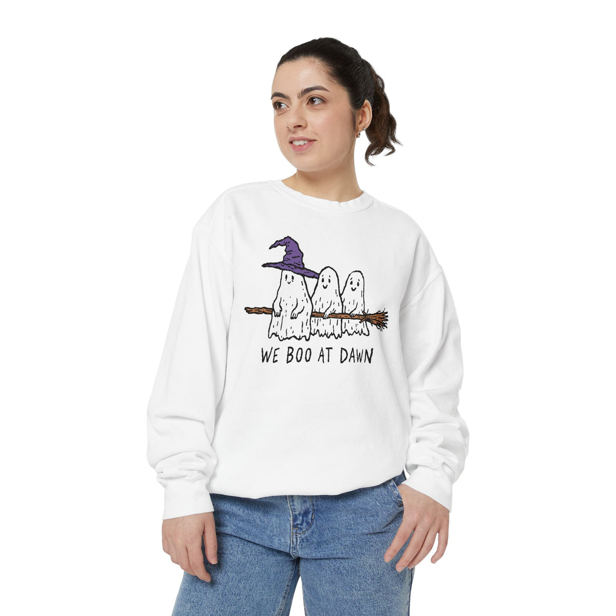 We Boo at Dawn Ghost Sweatshirt, Funny Halloween Witch Broom Pullover, Cute Spooky Season Gift for Friends and Ghost Lovers, October Outfit