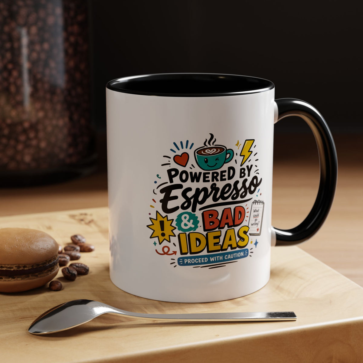 Powered by Espresso Mug, Funny Coffee Lover Cup, Bad Ideas Quote Gift for Coworker, Caffeine Addict Present, Office Humor Drinkware
