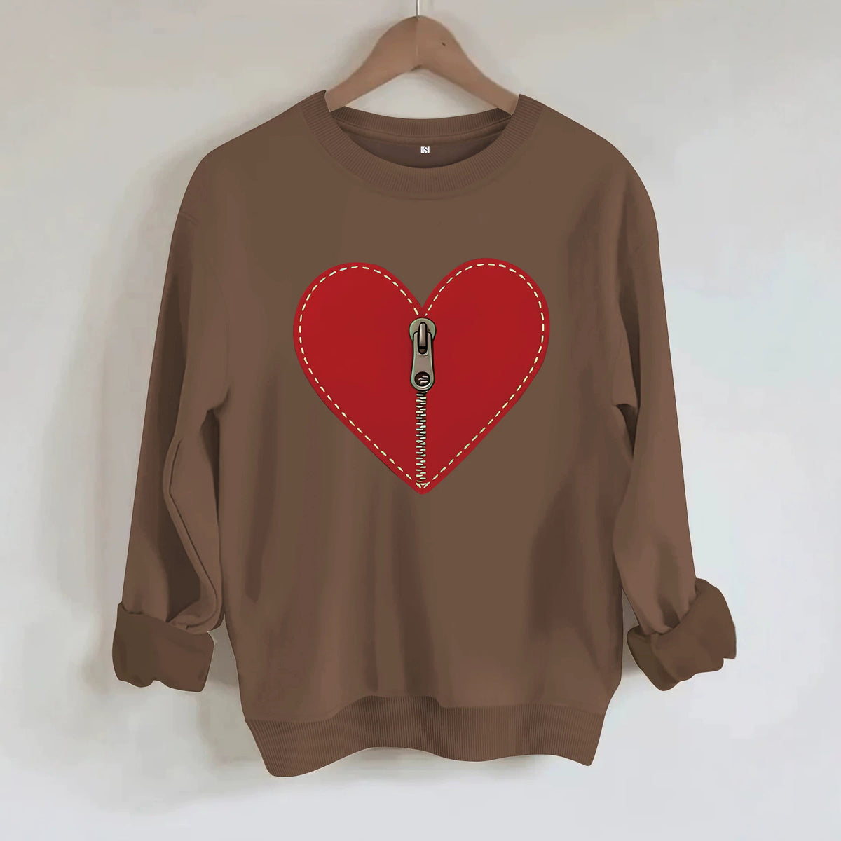 Love pattern printed round neck fleece hoodie