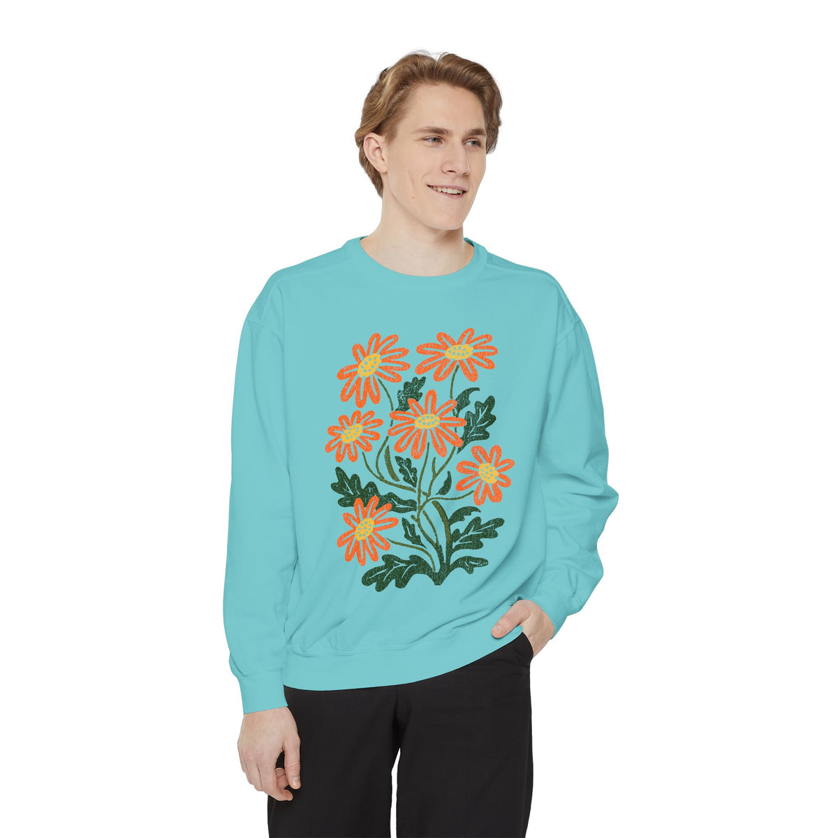 Orange Daisy Graphic Sweatshirt, Retro Floral Pullover for Flower Lovers, Groovy Botanical Top, Cheerful Garden Gift for Women