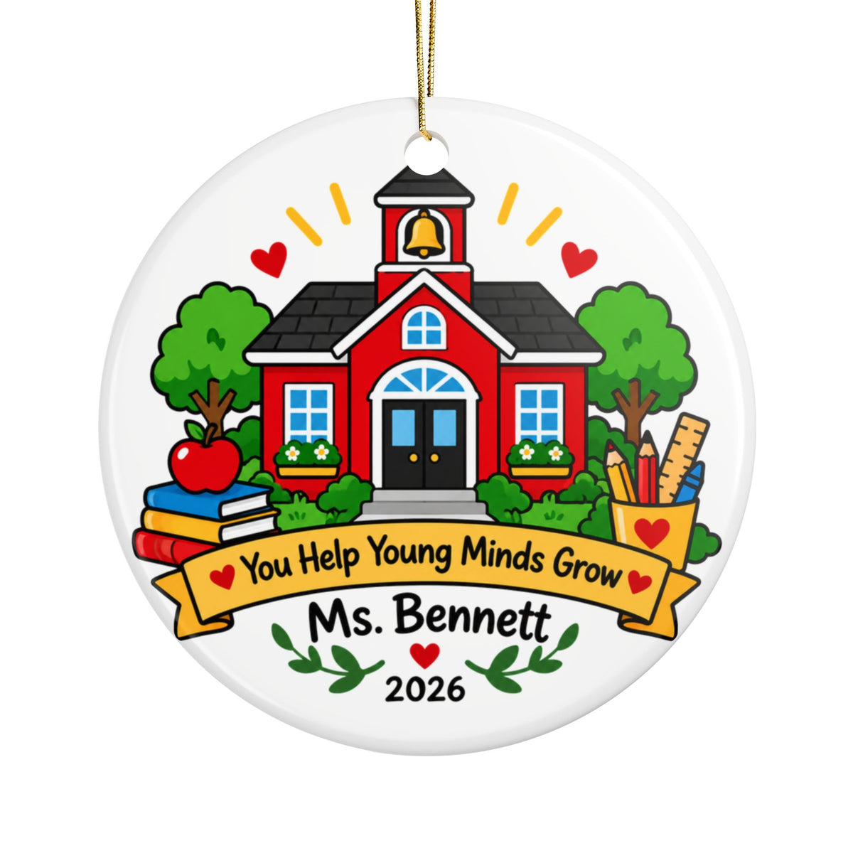 Personalized Teacher Schoolhouse Ornament, You Help Young Minds Grow, Christmas Appreciation Gift for Educators, Name and Year Keepsake