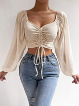 New Pit Stripe Patchwork Chiffon Drawstring Lantern Sleeve Tight and Fashionable Womens Top