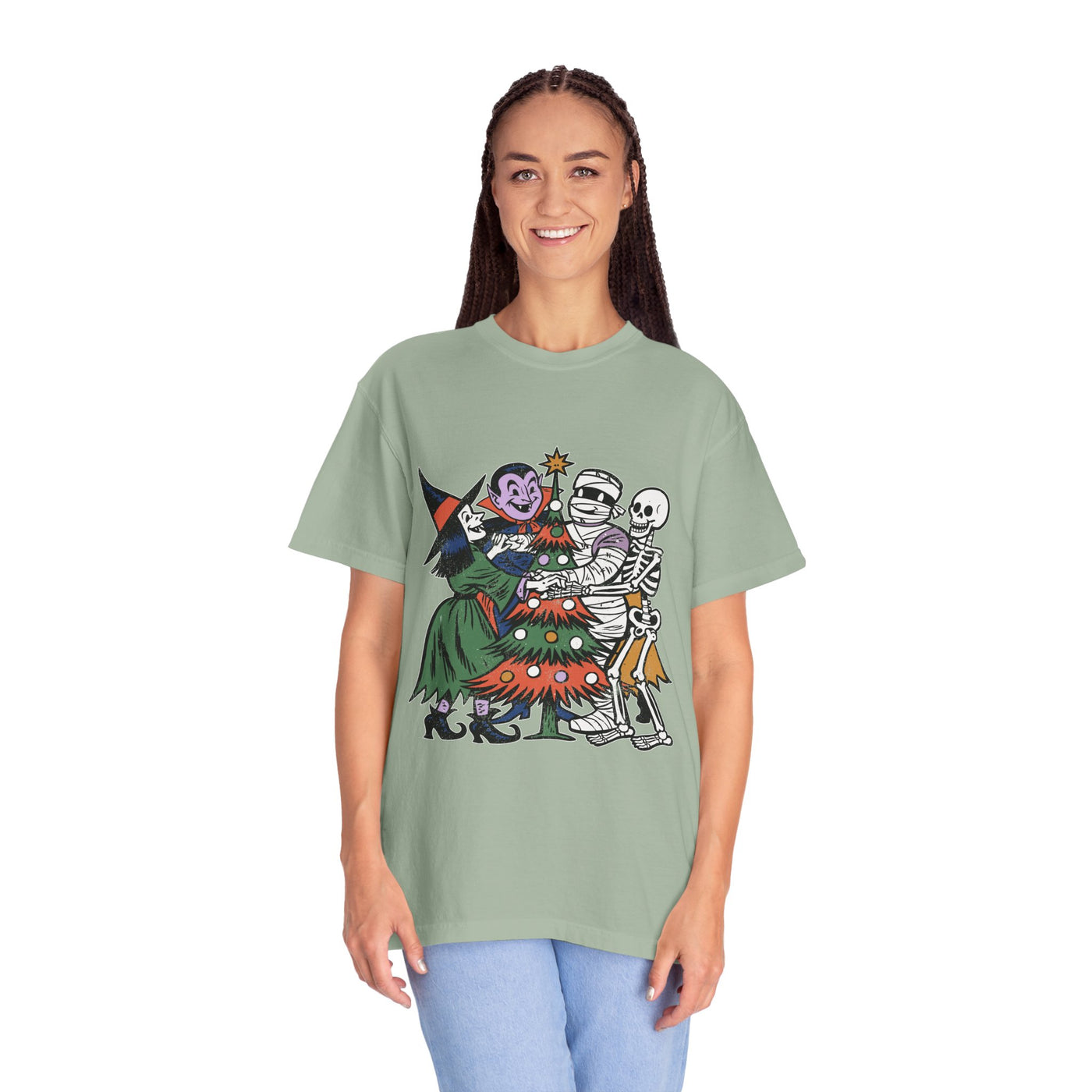 Spooky Christmas Shirt, Halloween Holiday Mashup T-Shirt, Witch Vampire Mummy and Skeleton Tree Tee, Gothic Christmas Gift for Horror Fan