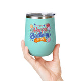 Happy Birthday to You Wine Tumbler, Pink and Blue Balloons with Party Bunting, Colorful Drinkware Gift for a Sister or Best Friend's Party