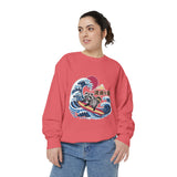 Japanese Surfing Raccoon Sweatshirt, Retro Wave Graphic Crewneck, Funny Animal Surfer Gift, Japan Inspired Beachwear Cozy Pullover