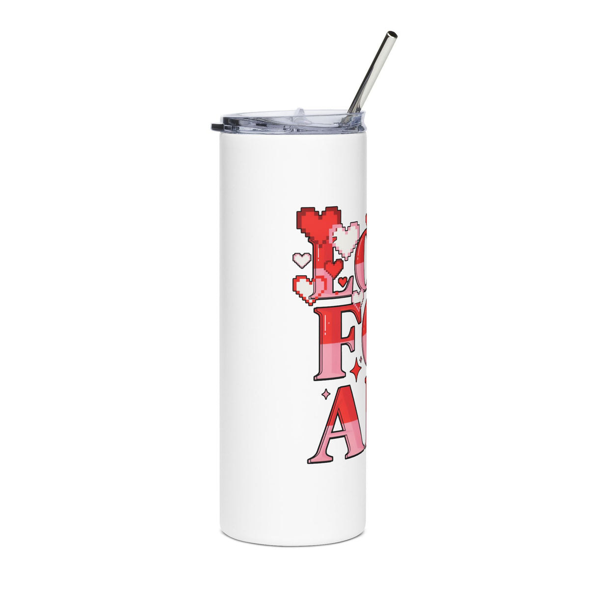 Love for All Skinny Tumbler, Pink Pixel Heart Travel Cup, Romantic Gift for Her, Cute Valentine Drinkware