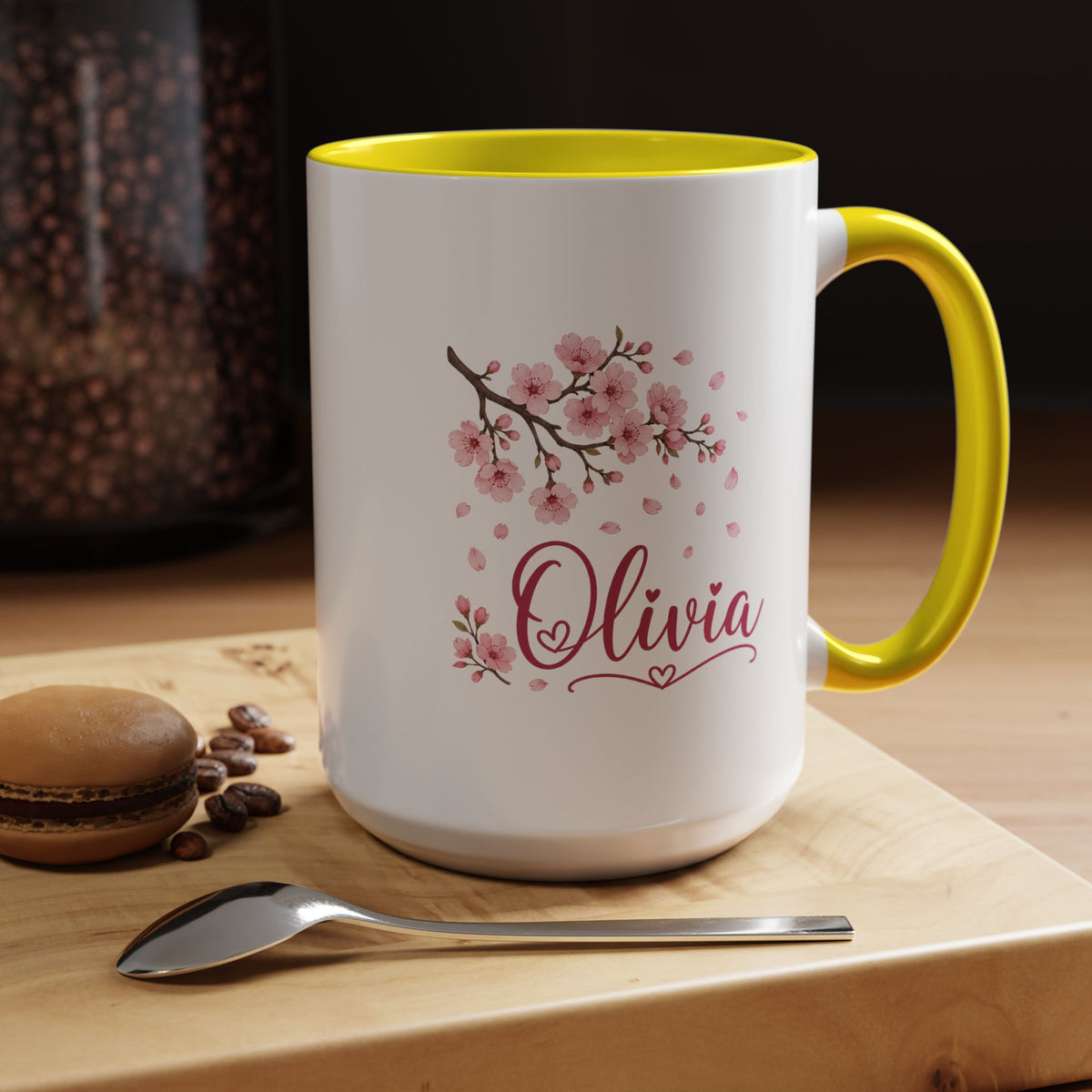 Personalized Name Mug, Pink Cherry Blossom Black Accent Coffee Cup, Custom Name Gift for Her, Girl, Daughter, Birthday or Nursery Keepsake