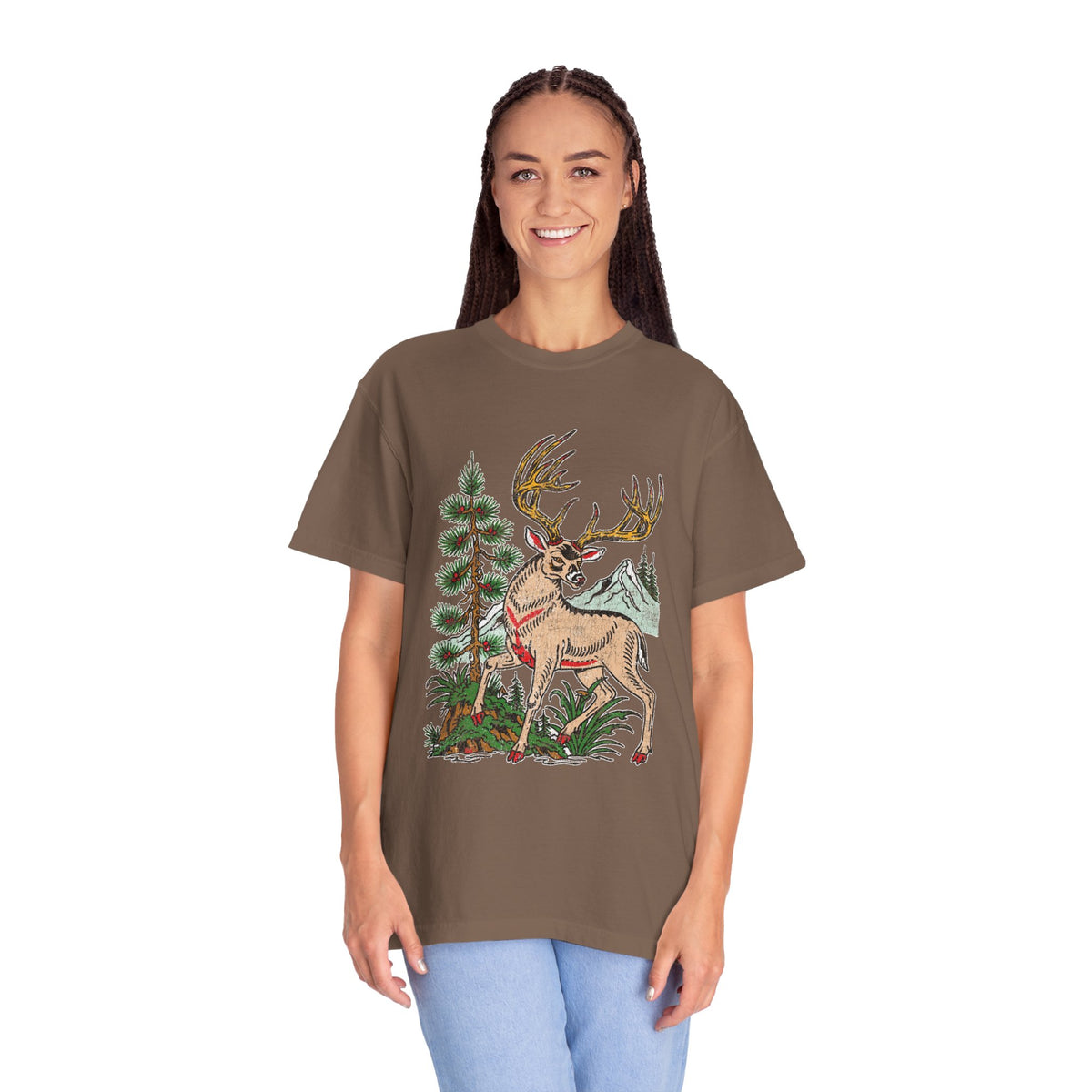 Woodland Deer Shirt, Rustic Stag and Mountain Graphic, Gift for Wildlife Lovers and Hikers, Forest Inspired Cabin Weekend Clothing