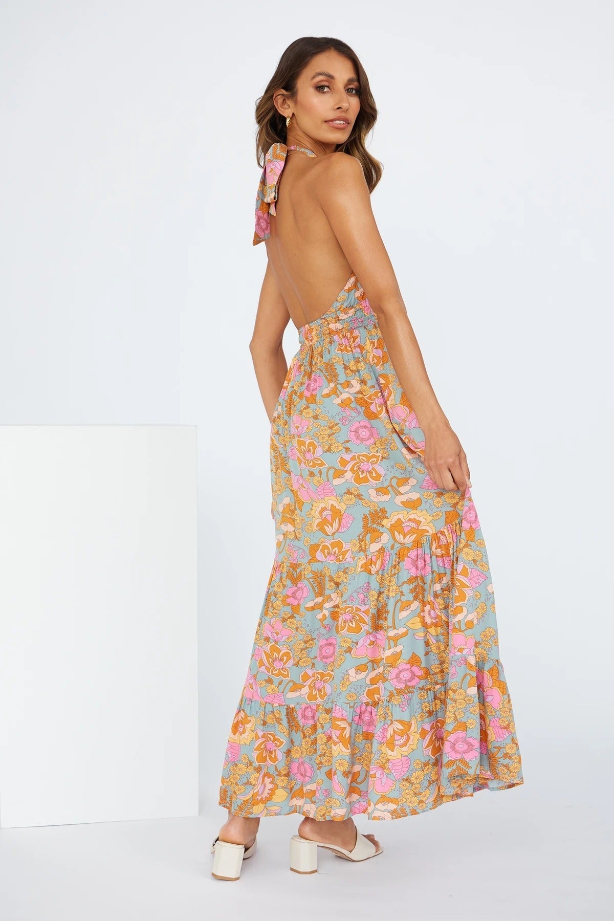 European and American Spring and Summer New Womens Sexy Strap Hanging Neck Split Print Holiday Dress