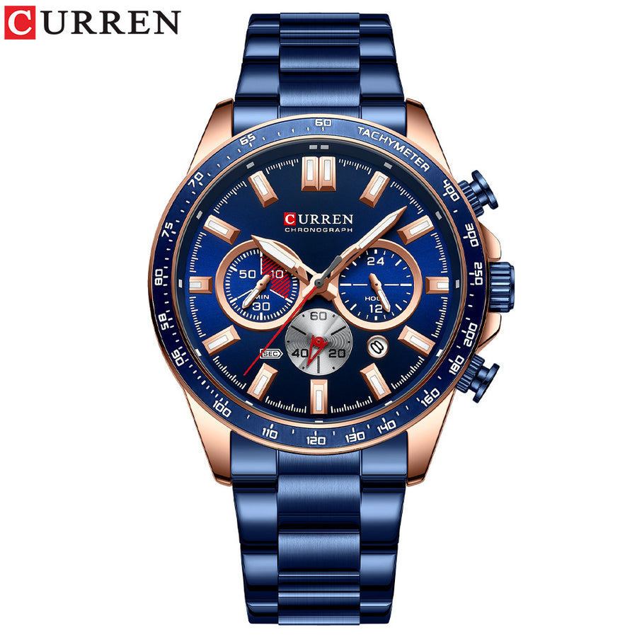 Men's business watch with six-hand dial and stainless steel bracelet