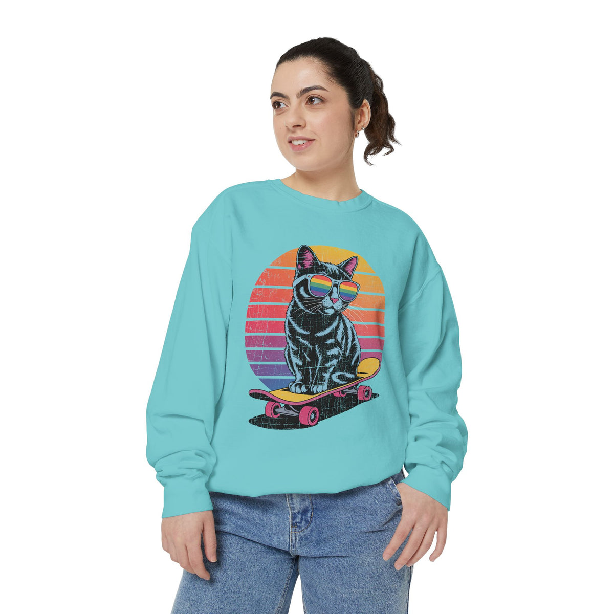 Retro Skateboard Cat Sweatshirt, Rainbow Sunglasses Kitty Crewneck, Funny Cat Lover Gift, Vintage Skater Graphic Cozy Pullover Top