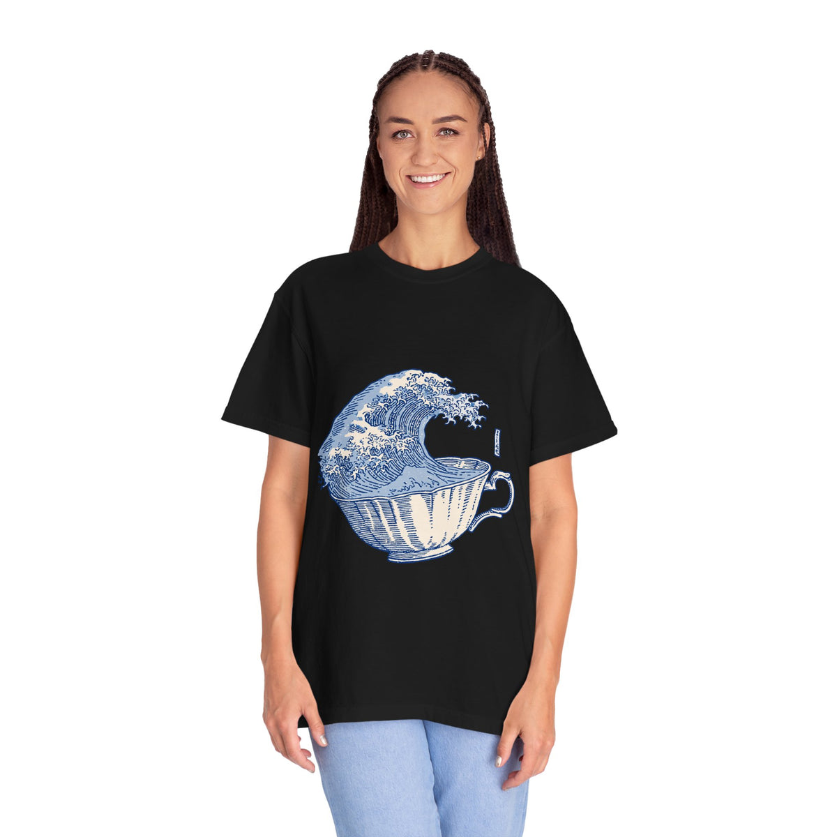 Great Wave Teacup Shirt, Japanese Art Inspired Ocean Graphic, Gift for Tea Lovers and Coastal Art Fans, Casual Cafe Weekend Outfit