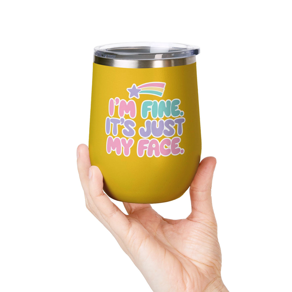 Funny Sarcastic Wine Tumbler, I'm Fine It's Just My Face Pastel Quote, Sassy Drinkware Gift for a Best Friend or Your Coworker's Birthday