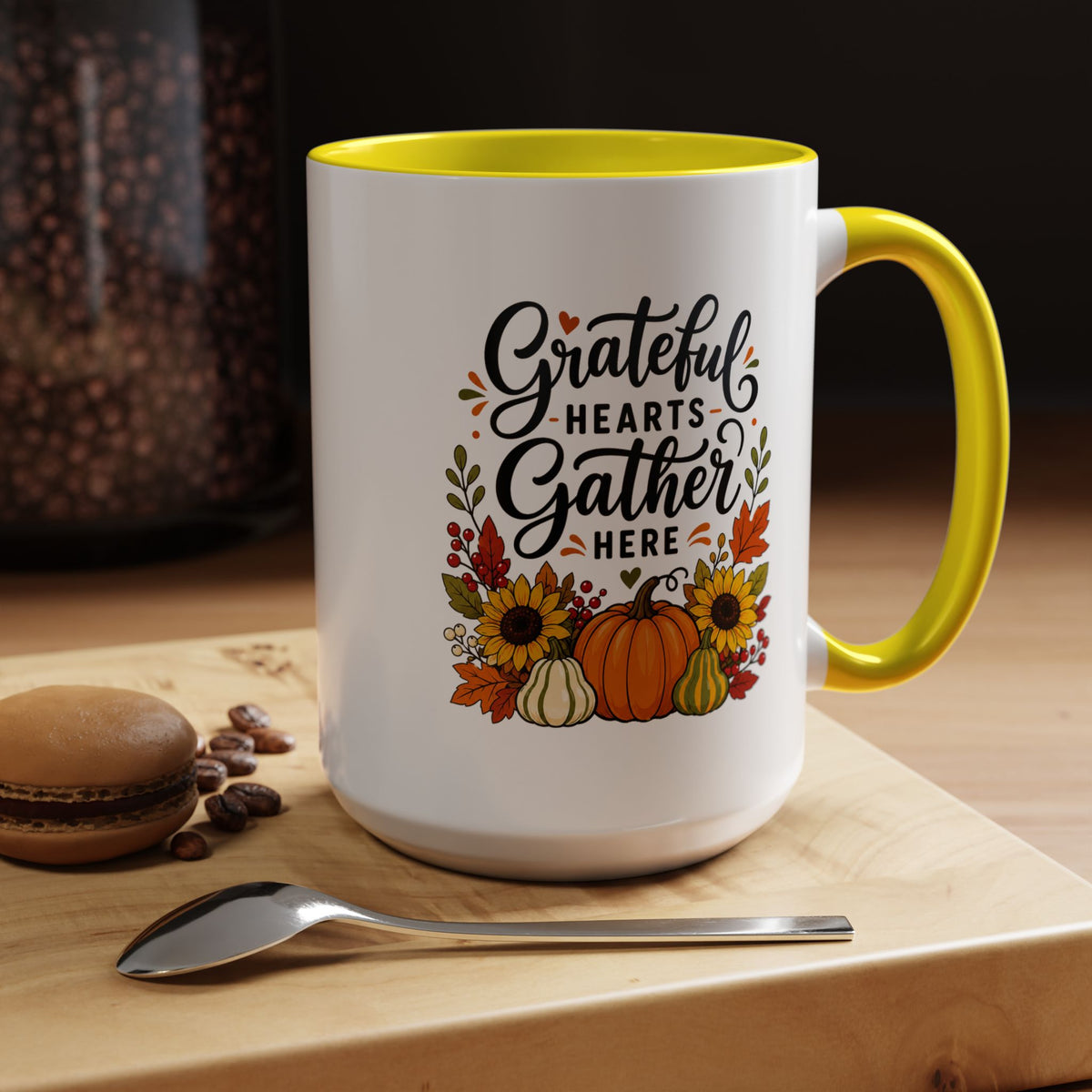 Grateful Hearts Gather Here Mug, Thanksgiving Pumpkin Coffee Cup, Rustic Fall Hostess Gift, Sunflower Harvest Kitchen Decor