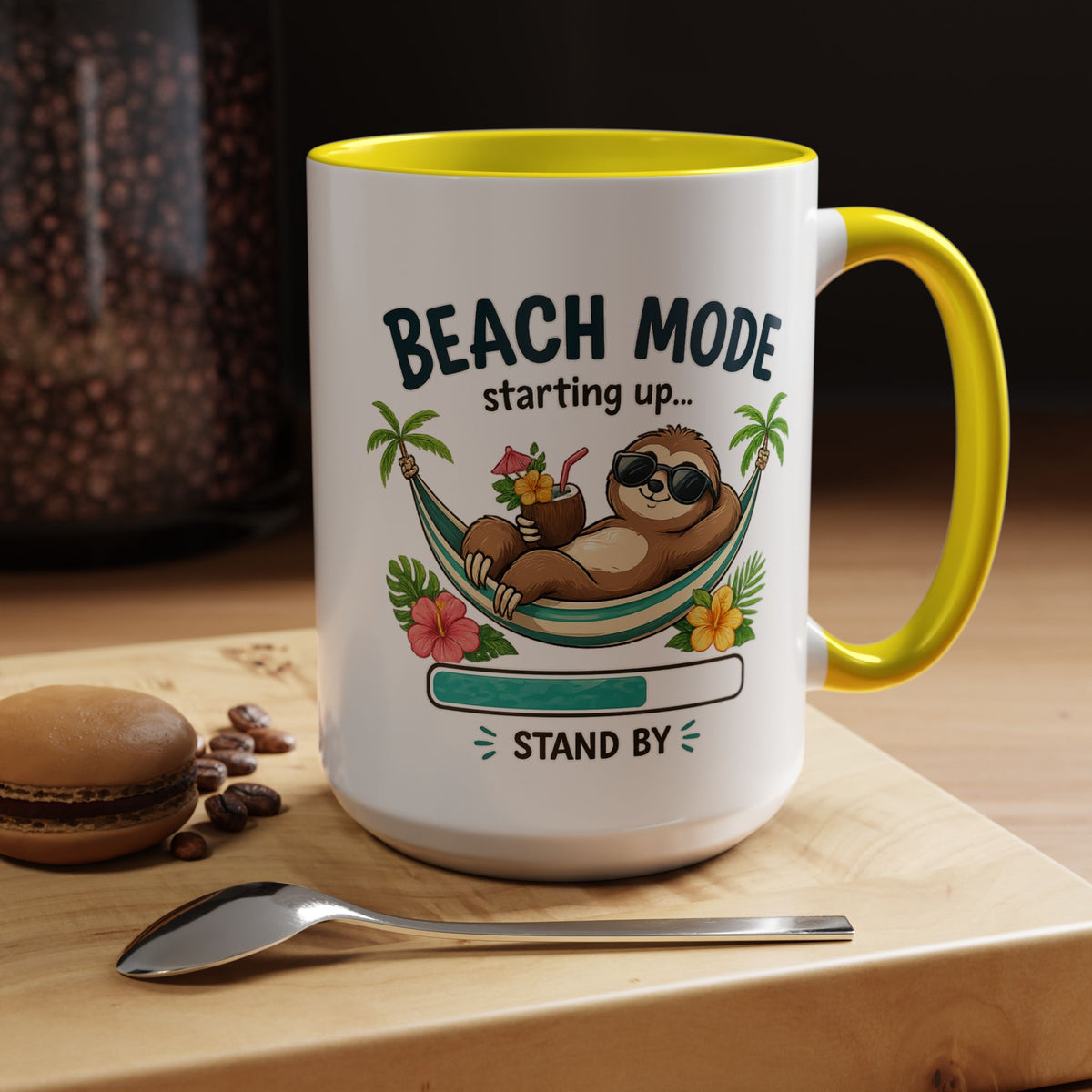 Beach Mode Sloth Coffee Mug, Funny Summer Vacation Gift for Sloth Lovers, Cute Tropical Hammock Ceramic Tea Cup with Blue Handle