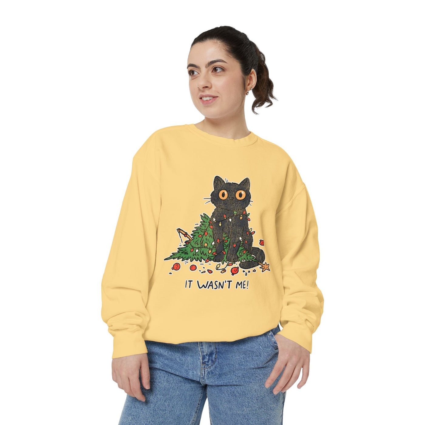 It Wasn't Me Black Cat Christmas Sweatshirt, Funny Holiday Crewneck, Mischievous Kitty Lights Pullover, Gift for Cat Mom or Cat Dad