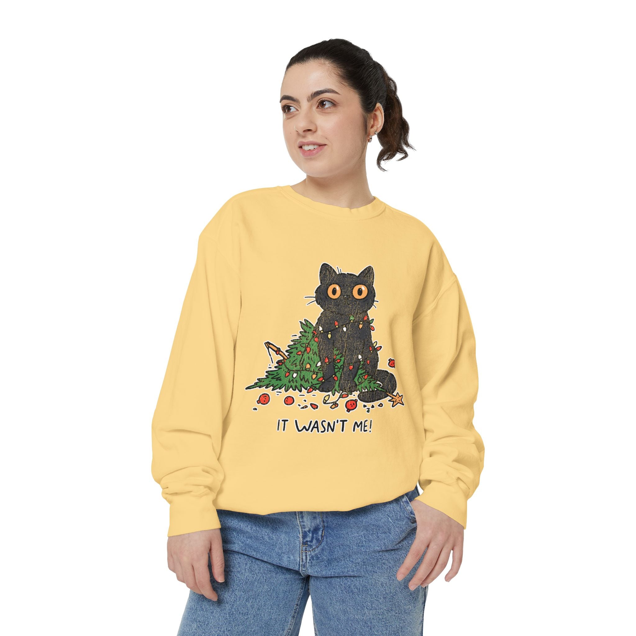 It Wasn't Me Black Cat Christmas Sweatshirt, Funny Holiday Crewneck, Mischievous Kitty Lights Pullover, Gift for Cat Mom or Cat Dad