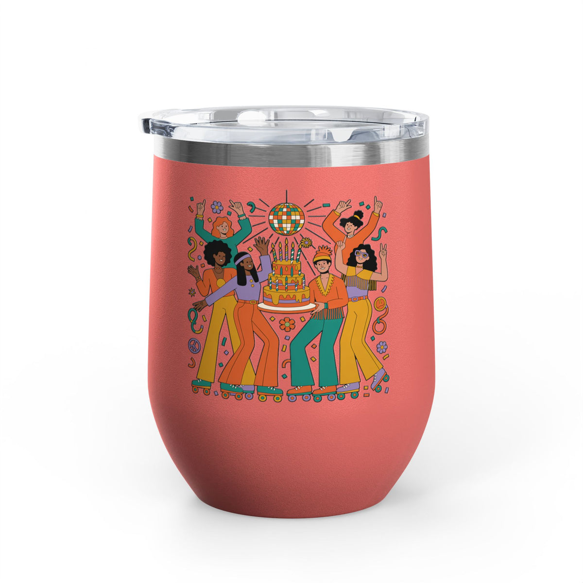 Retro Disco Birthday Wine Tumbler, 70s Roller Skating Party Design, Groovy Drinkware Gift for a Skater Friend Who Loves Vintage Aesthetics